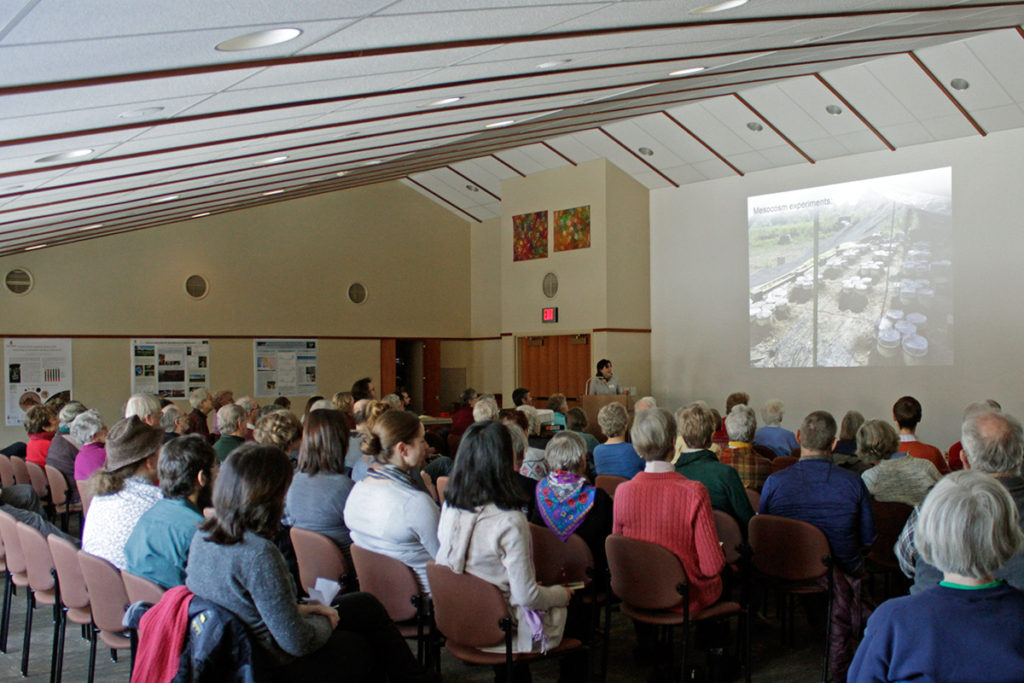 A presenter speaks to a crowded room.