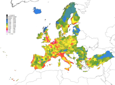 (Falchi et al.,2019) Amount of light pollution in Europe, exposed in average zenith artificial night sky brightness of each region in Europe (mcd/m2).